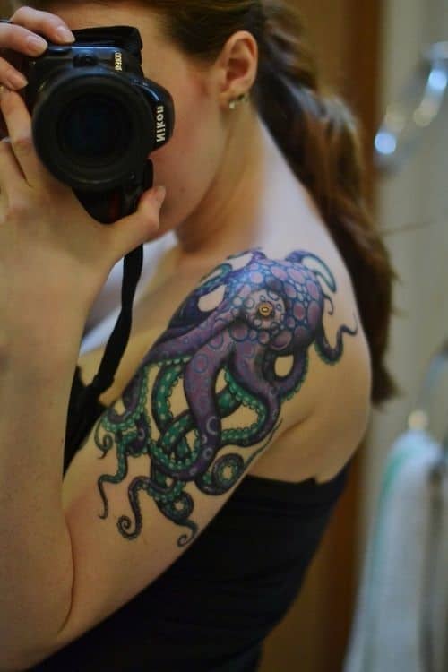 Eggplant Violet And Green Octopus Tattoo