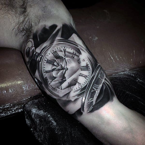 Glorious Grey Guys Pocket Watch Tattoo On Upper Arms