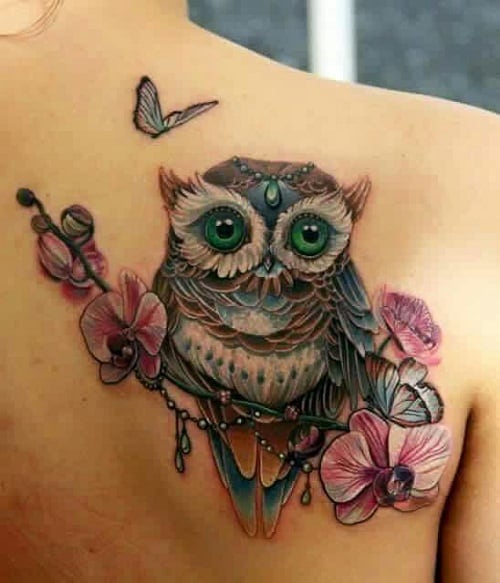 Gorgeous Owl with Gem, Flowers and Butterfly Tattoos