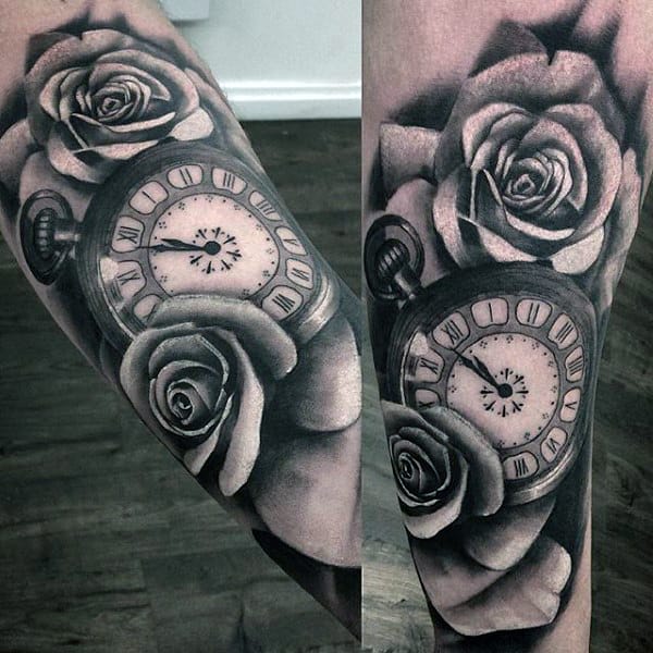 Gorgeous Roses And Pocket Watch Tattoo On Forearms Male