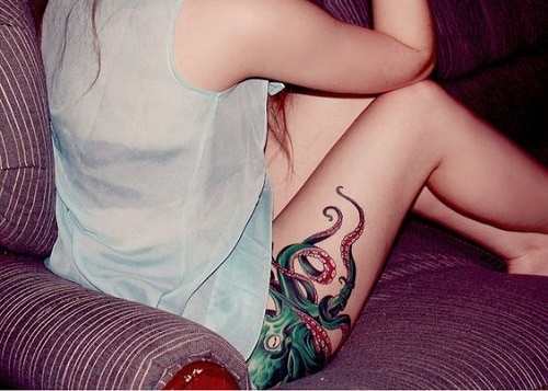 Green Red Octopus Tattoo On Thigh For Women