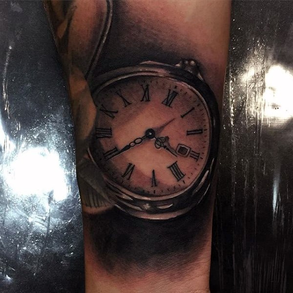 Guy With Sepia Toned Pocket Watch Tattoo On Forearms