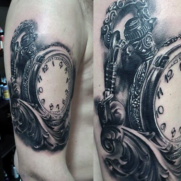 Intricately Designed Pocket Watch Tattoo On Upper Arms For Men