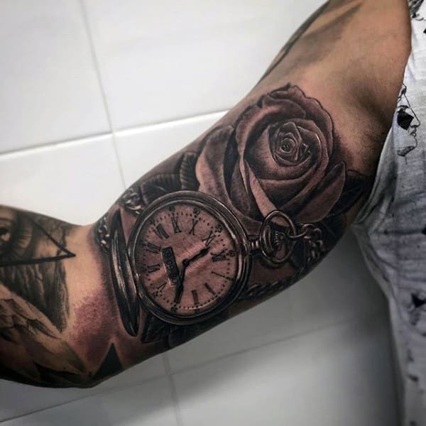 Male Bicep Rose And Pocket Watch Tattoo