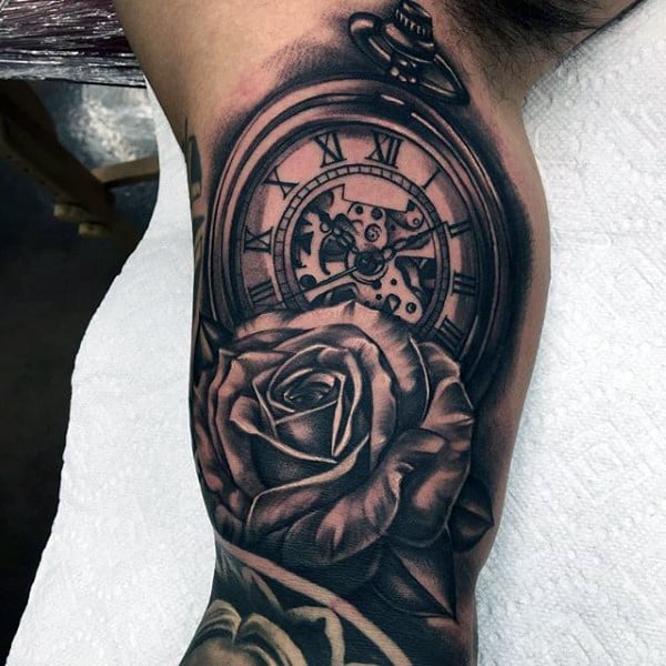 Male With 3D Rose And Pocket Watch Tattoo On Upper Arms