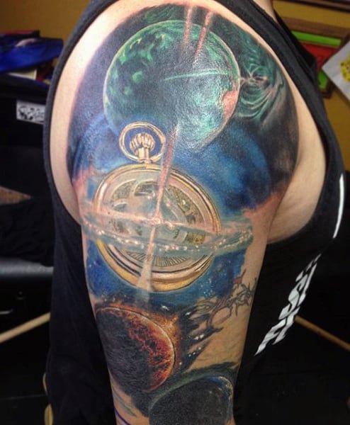 Man With Fantastic Space Pocket Watch Tattoo On Shoulders
