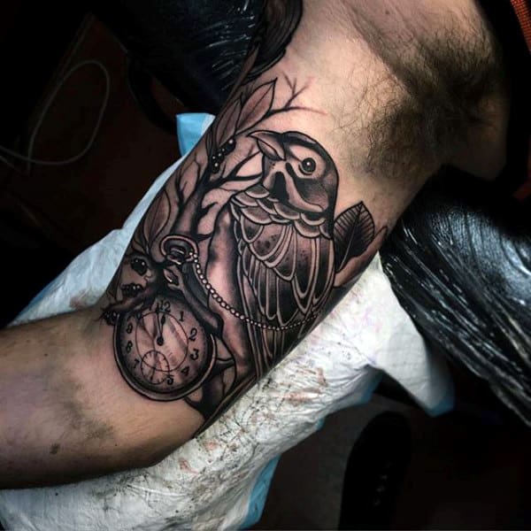 Man With Sweet Bird On Pocket Watch Tattoo Forearms