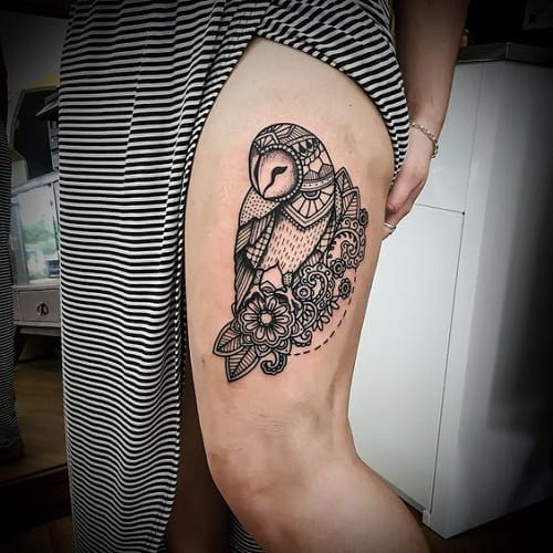 Mehendi Owl Tattoo on Thigh