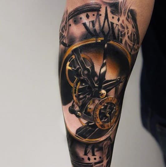 Mens Forearms Pocket Watch Tattoo With Golden Gears