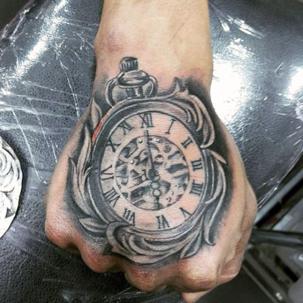 Mens Grey Pocket Watch Tattoo On Hands