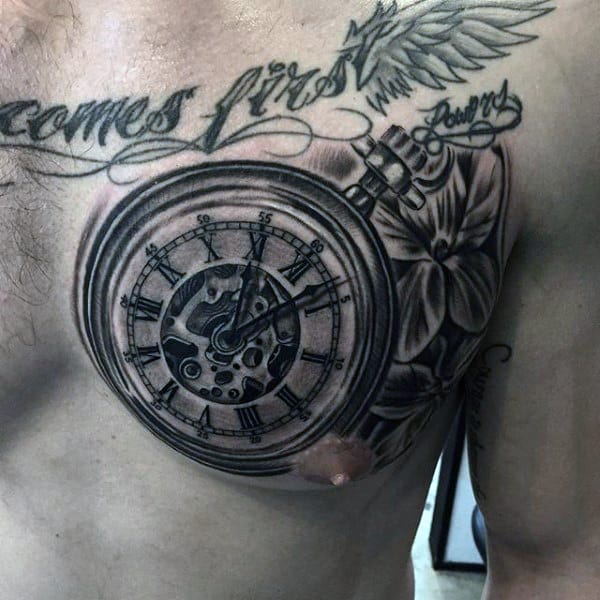 Mens Pocket Watch Tattoo With Saying On Chest