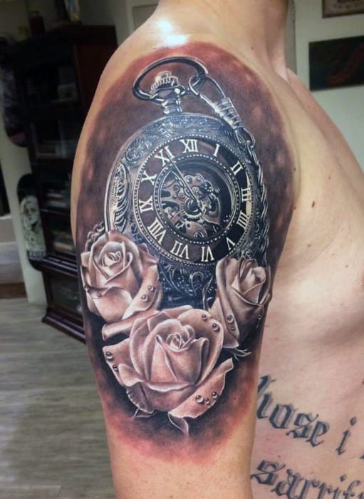 Mens Shoulder Pocket Watch And Rose Blossoms Tattoo