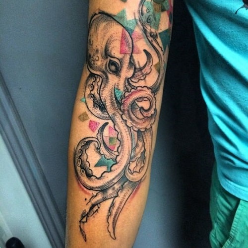 Octopus Tattoo With Colorful Geometric Images