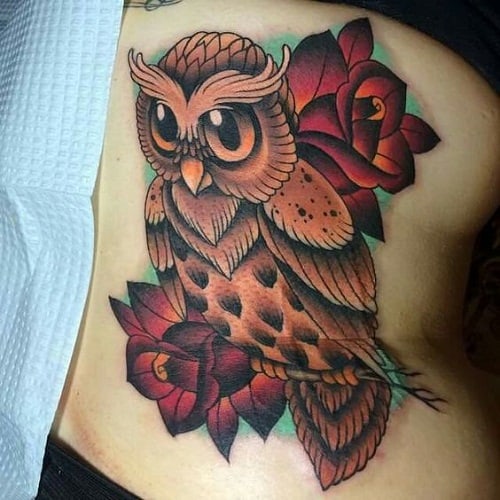 Orange Owl with Red Roses Tattoo