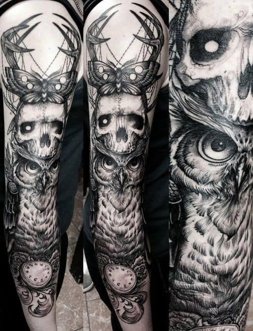 Owl, Butterfly, Skull and Clock Tattoo