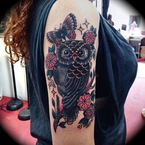 Owl, Flower and Butterfly Tattoos