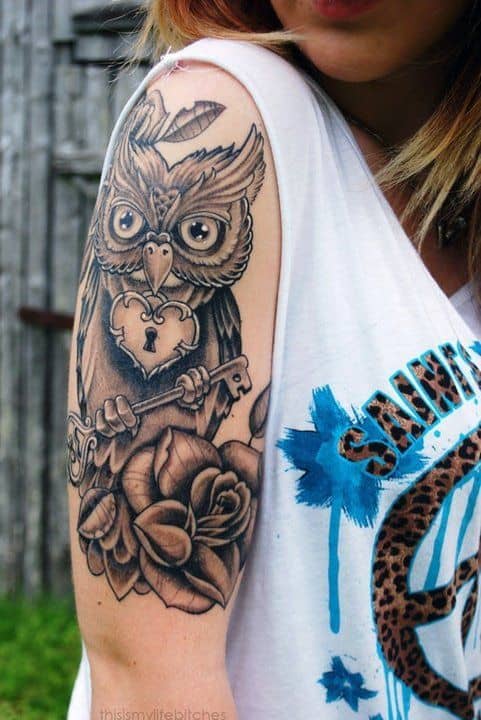 Owl Holding Lock and Key Tattoo