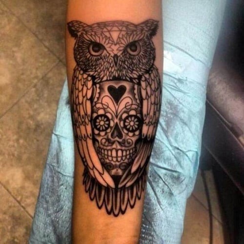 Owl Hugging a Skull Tattoo