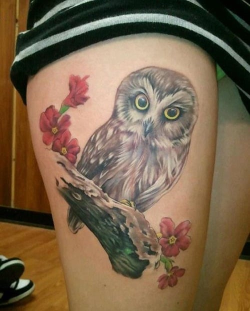 Owl on Branch with Flowers Tattoo