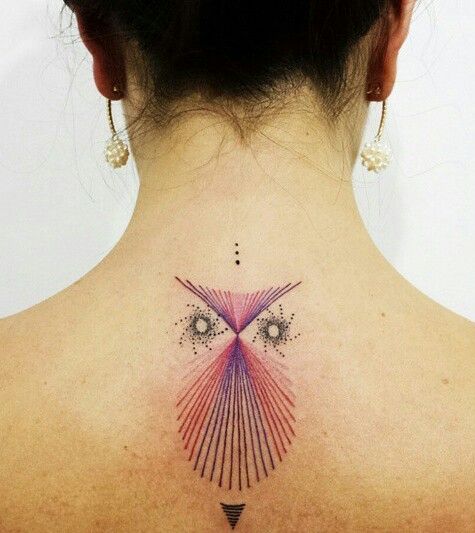 Owl on Colorful Geometric Lines Tattoo