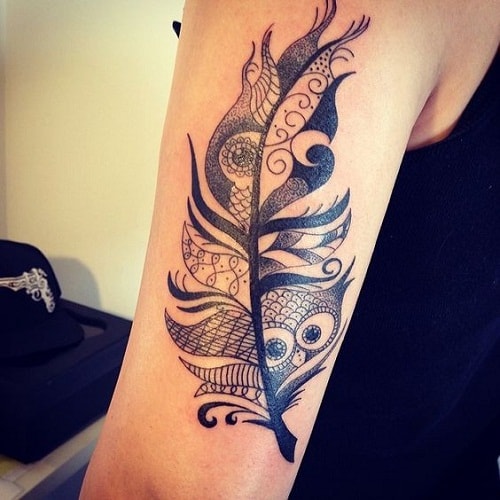 Owl on Feather Tattoo