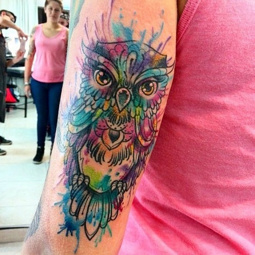 Owl Watercolor Tattoo on Forearm