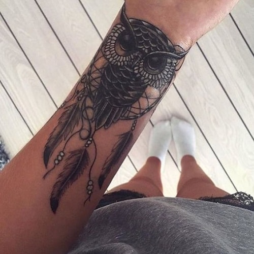 Owl with Dream Catcher on Arm Tattoo