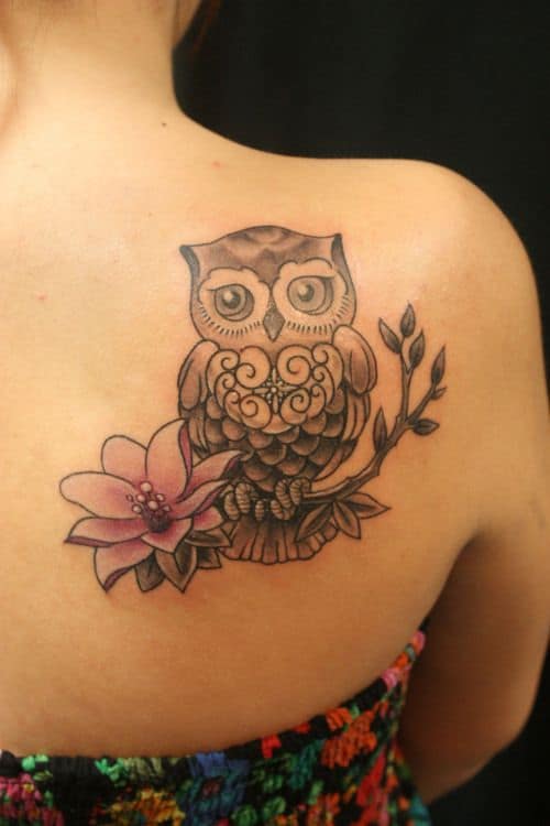 Owl with Flower on a Branch Back Tattoo