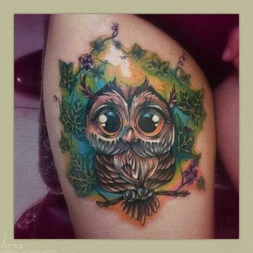 Owl with Green Leaves Tattoos