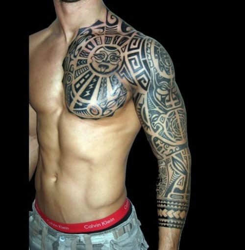 Polynesian Chest Arm Tribal Tattoos