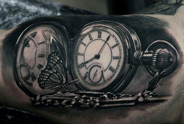 Pretty Butterfly On Pocket Watch Tattoo For Men On Forearms