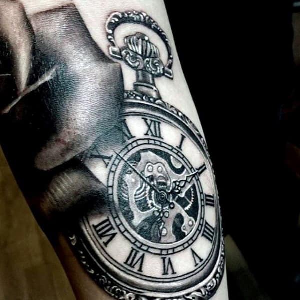 Real Looking Pocket Watch Tattoo On Forearms Men
