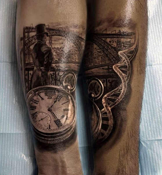 Realistic Pocket Watch With Man Looking Over Bridge Tattoo On Forearms Male