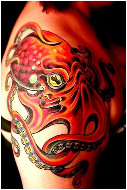 Red Octopus Tattoo On Shoulder for Women