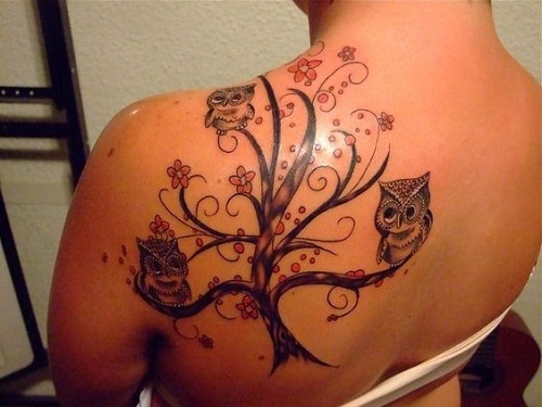Shy Owls on Tree Branches Tattoo