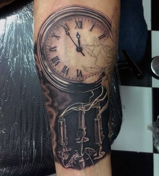 Smokey Candles And Pocket Watch Tattoo On Arms For Guys