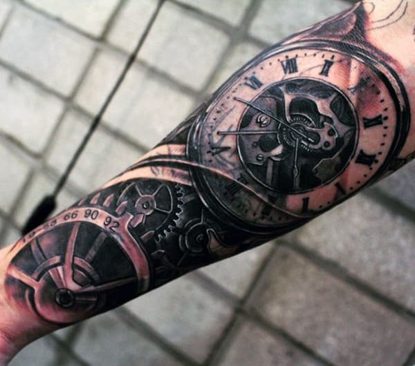 Superb Mechanical Pocket Watch Tattoo On Forearms For Men