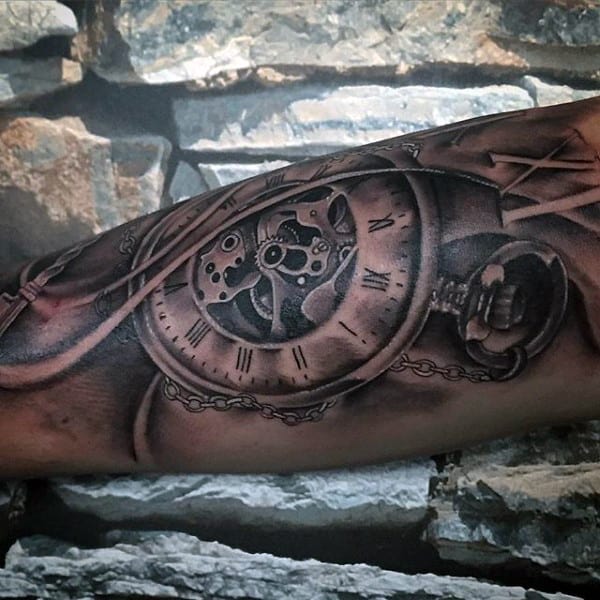 Vintage Pocket Watch Tattoo On Forearms For Males