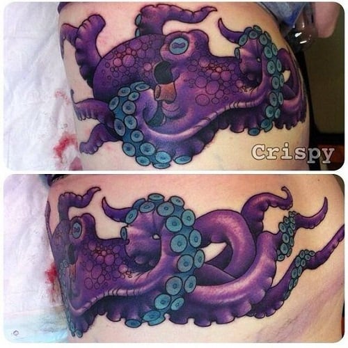 Violet Octopus Tattoo With Green Tentacles