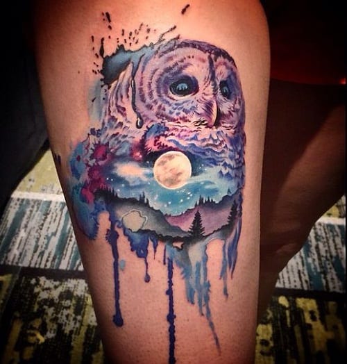 Watercolor Midnight Owl Tattoo