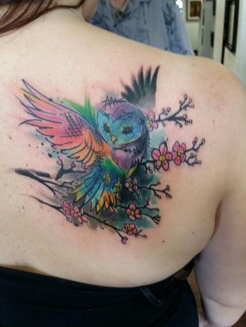 Watercolor Owl and Pink Flower Tattoos