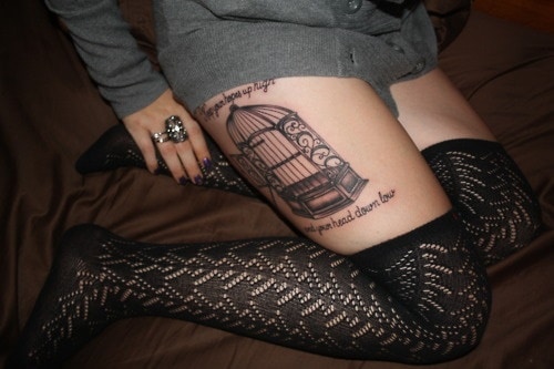 bird cage on thigh tattoo design