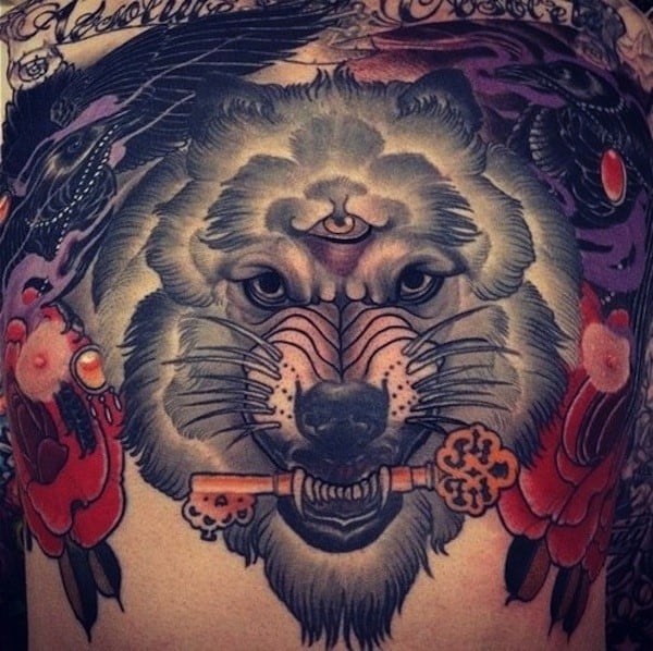 Wilk trzymający klucz Tatuaż