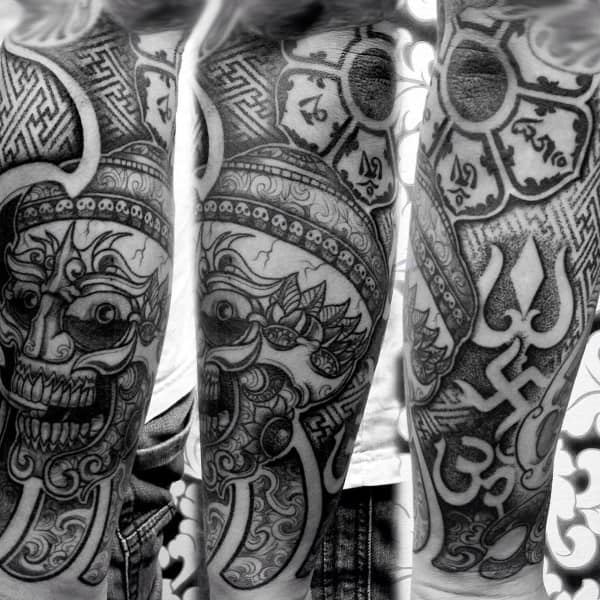 Arm Sleeve Guys Om Tattoo With Geometeric Pattern Designs