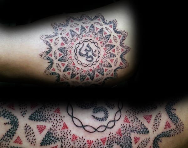 Black And Red Ink Dotwork Mens Bicep Om Tattoos With Geometric Design