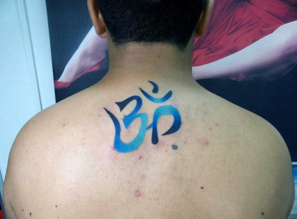 Blue Ink Watercolor Om Tattoos For Males On Upper Back