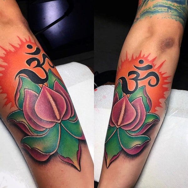 Flower Om Mens Outer Forearm Tattoo Ideas