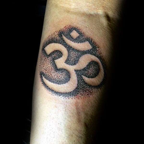 Gentleman With Om Negative Space Dotwork Tattoo On Forearms