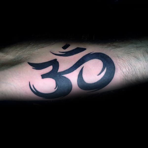 Inner Arm Solid Black Ink Om Tattoo On Guy