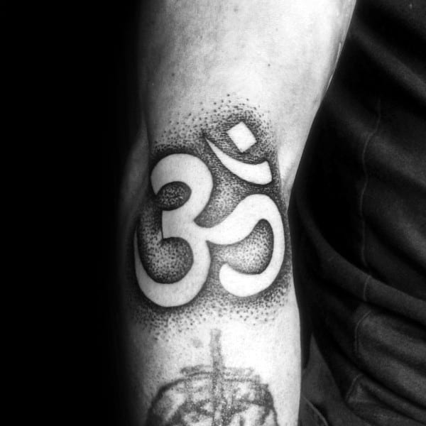 Male Om Arm Dotwork Black Ink Tattoos